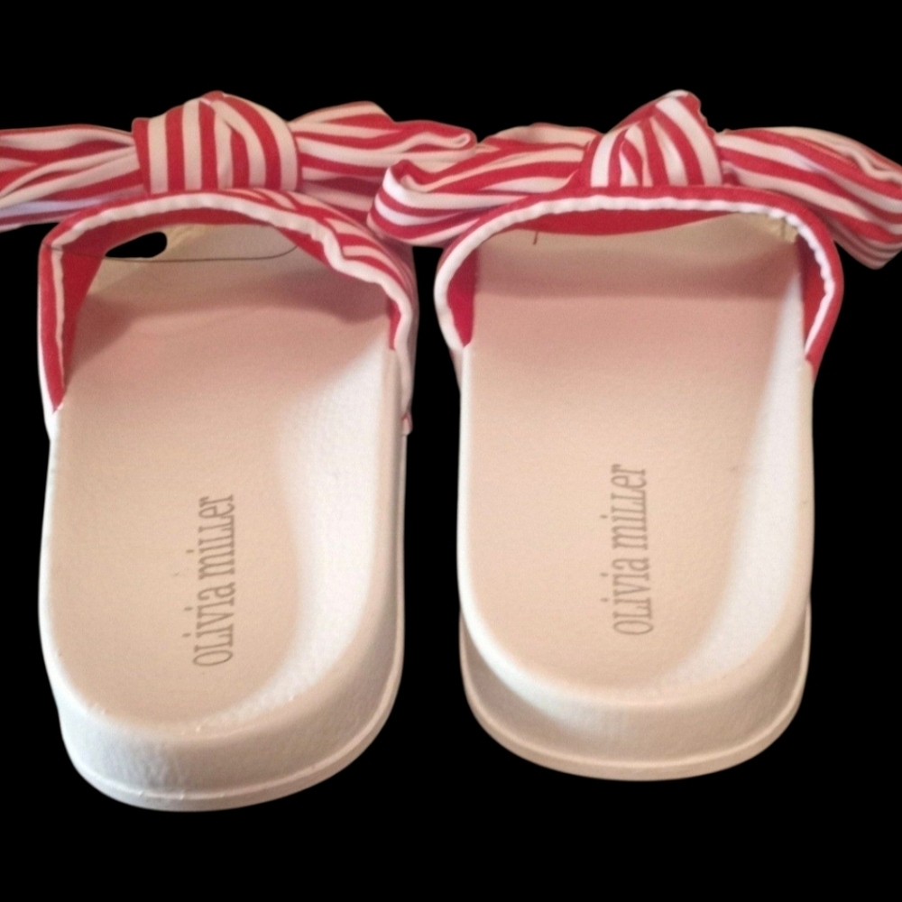 Olivia Miller Red and White Stripes Slip-On Low Wedge Sandals Women Size 6 - Picture 9 of 16